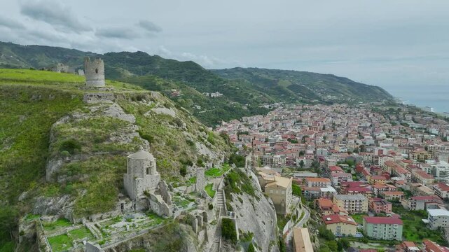 Ruins of the Church of Saint Francis of Assisi and Amantea Castle from a drone, Amantea, Tyrrhenian Sea, Calabria, Italy