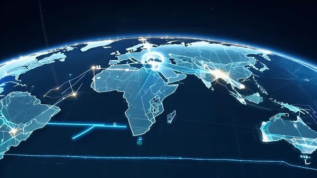 blue globe with glowing lines connecting different countries and continents The lines appear to represent communication networks or transportation routes