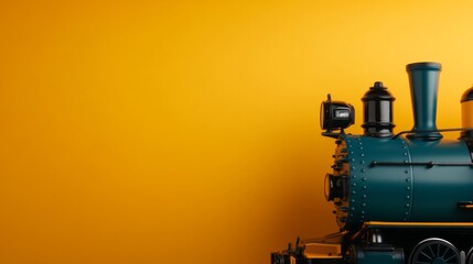 The vintage green steam locomotive stands proud against a bright yellow background, highlighting its shiny metal details and large iron wheels, evoking memories of a bygone era