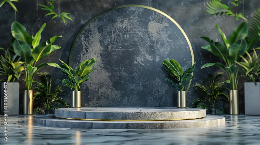 Poster a modern, elegantly designed indoor space with a circular backdrop and lush greenery creating a sere