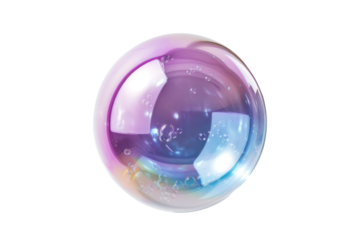 Transparent iridescent bubble with water droplets, abstract spherical orb