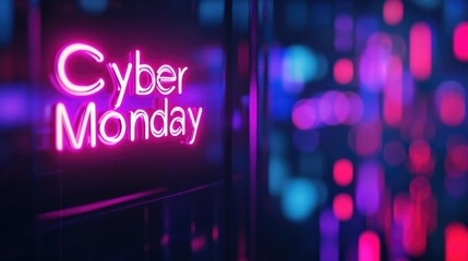 Neon cyber monday sign with vibrant bokeh background reflecting e-commerce shopping excitement