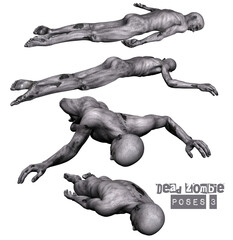 3D render of zombie dead poses 3 isolated illustration