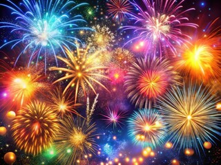 Festive Happy New Year 2024 Background with Colorful Fireworks and Vibrant Celebration Elements