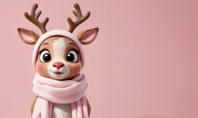 Naklejka premium A cartoon deer with a pink scarf on its neck