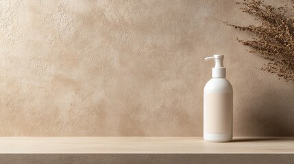 A white glass pump bottle features a blank beige label, positioned on a stone-textured surface. The...