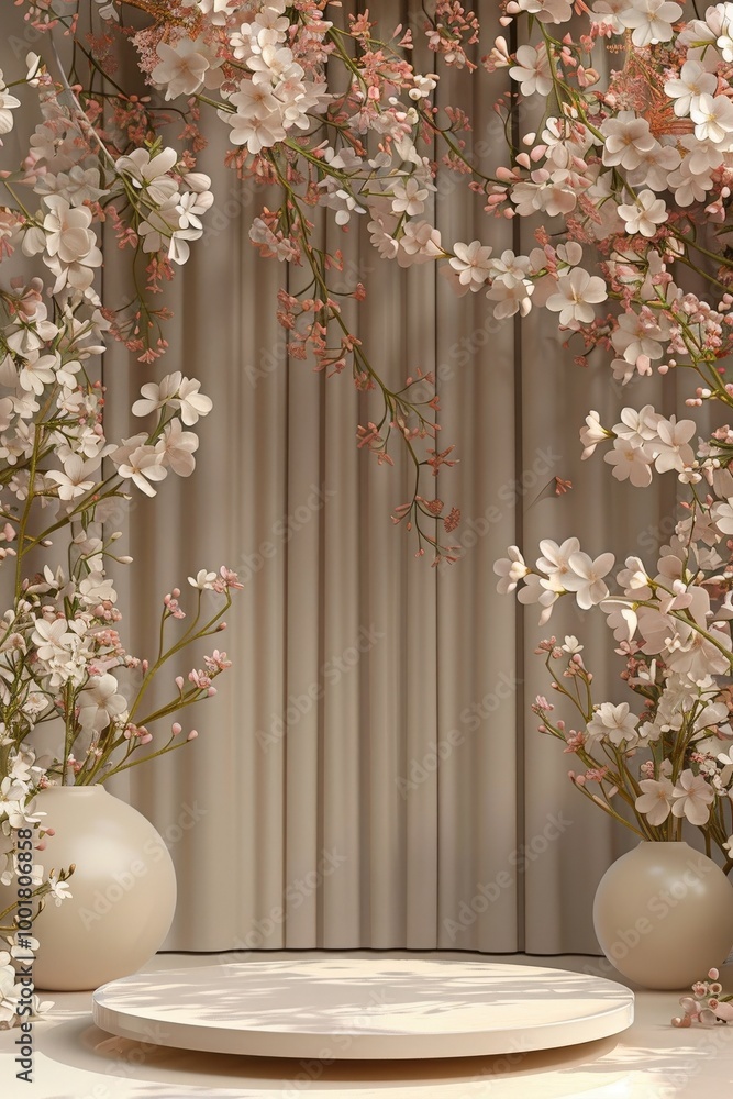 Poster delicate blossoms frame a serene stage with soft curtains for an enchanting spring art display in a 