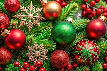 Festive Red and Green Christmas Background with Snowflakes, Ornaments, and Pine Tree Elements