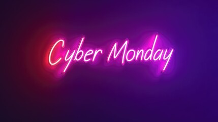 Neon pink cyber monday sign glowing against dark gradient background for digital sales concept