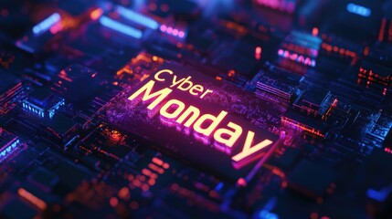 Neon cyber monday text on circuit board with glowing electronic details and futuristic design for tech sale concept