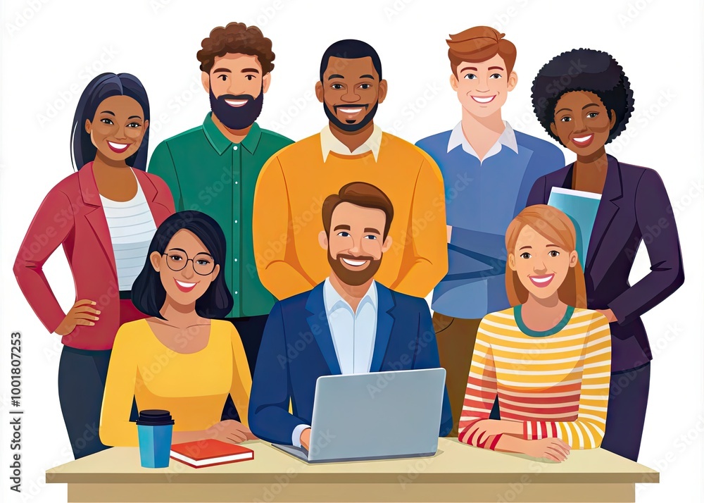 Poster flat icon representation of a diverse team collaborating in a modern work environment design
