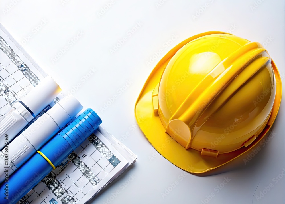 Aufkleber flat lay of construction blueprints and hard hat on white background with space for your text here