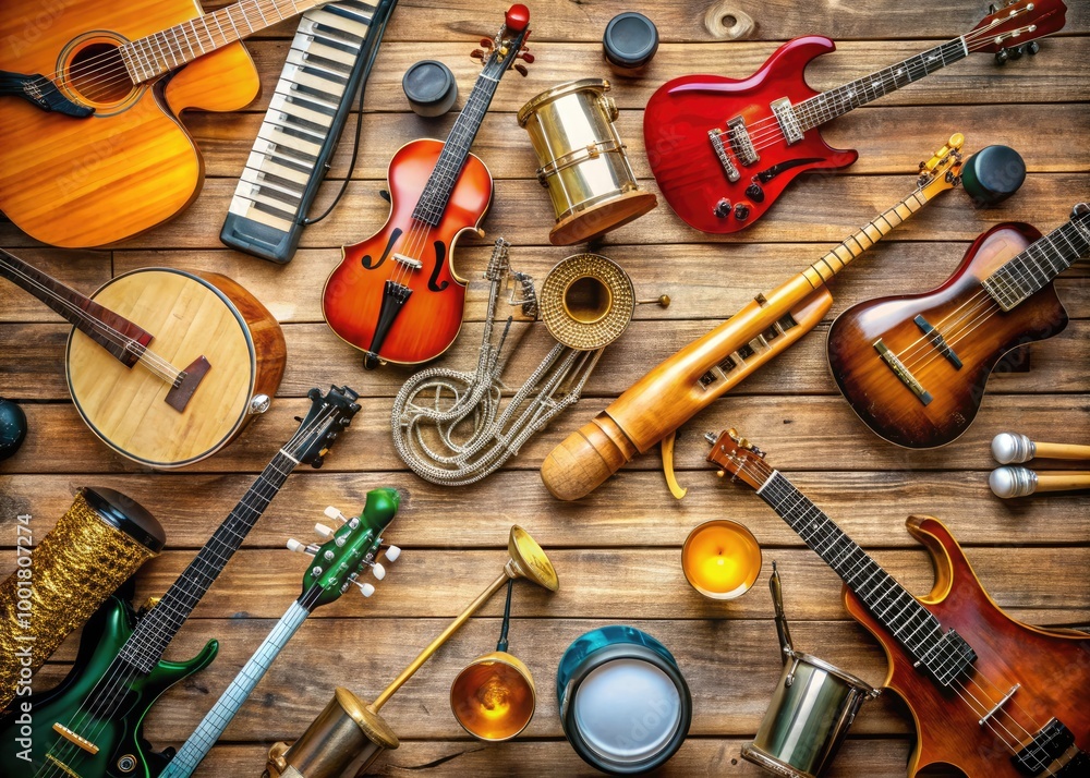 Poster flat lay of various musical instruments on a rustic wooden background for creative use and design
