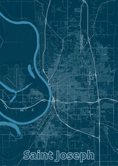 Detailed map of Saint Joseph, Missouri, rendered in a minimalist style. The map features a dark blue background with white lines representing roads and waterways.