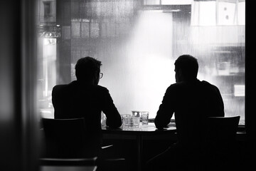 A black and white silhouette of two men sitting at a table in conversation inside a dimly lit cafe with a soft glow outside
