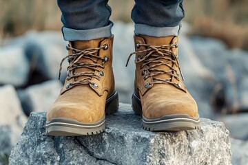 Male walking boots with stones or concrete block on gray background. Autumn stylish leather shoes for adventure or travel. with generative ai