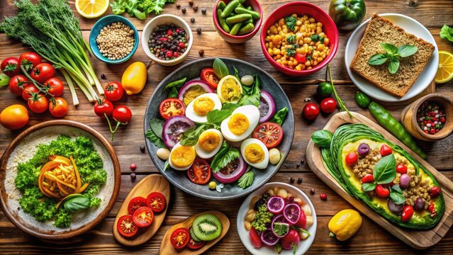 Fresh and Colorful Ovovegetarian Dishes Featuring Eggs, Vegetables, and Healthy Ingredients on Table