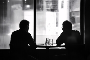 Two men are seated at a small table near a window discussing serious topics in a dimly lit room with glass reflections