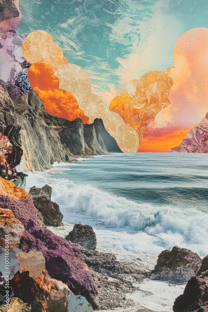Poster surreal fusion art, merge of whimsical, surreal lands, and abstract patterns create unique dreamy ar