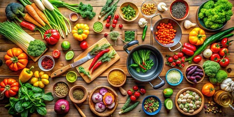 Fototapeta premium Fresh Ingredients and Vibrant Vegetables Showcasing the Art of Cooking a Healthy Meal at Home