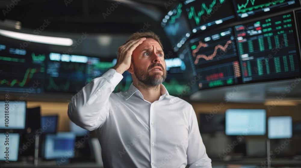 Poster a stock trader experiences a moment of shock in a modern trading room as he reacts to unexpected mar