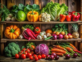Fresh Organic Vegetables on a Rustic Wooden Shelf Displaying a Variety of Colors and Textures