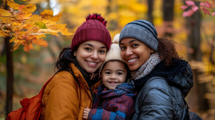 Fototapeta premium Smiling Family Posing in Autumn Forest with Colorful Foliage