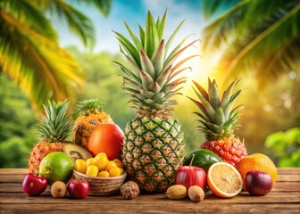 Fresh Pineapple and Assorted Tropical Fruits on a Wooden Table with Natural Light Background