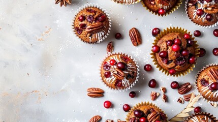 Top-View of Cranberry and Pecan Nut Cakes and Muffins on Clean Background