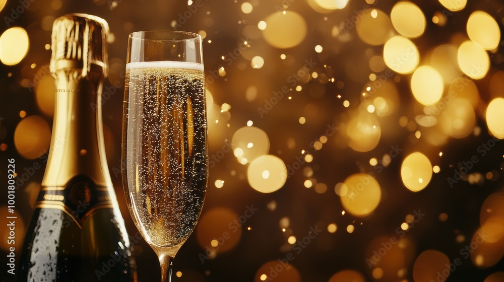 Poster celebrate with sparkling wine in a flute beside a bottle of champagne against a festive golden backd