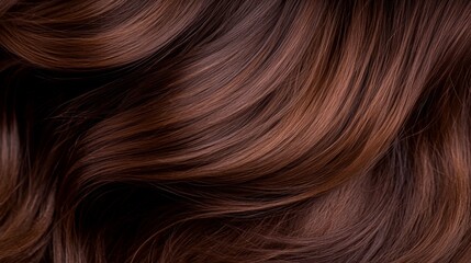 Fototapeta premium A sleek brunette hairstyle features loose curls that cascade over the shoulders, highlighted by soft lighting, which enhances the hair's texture and shine against a muted backdrop