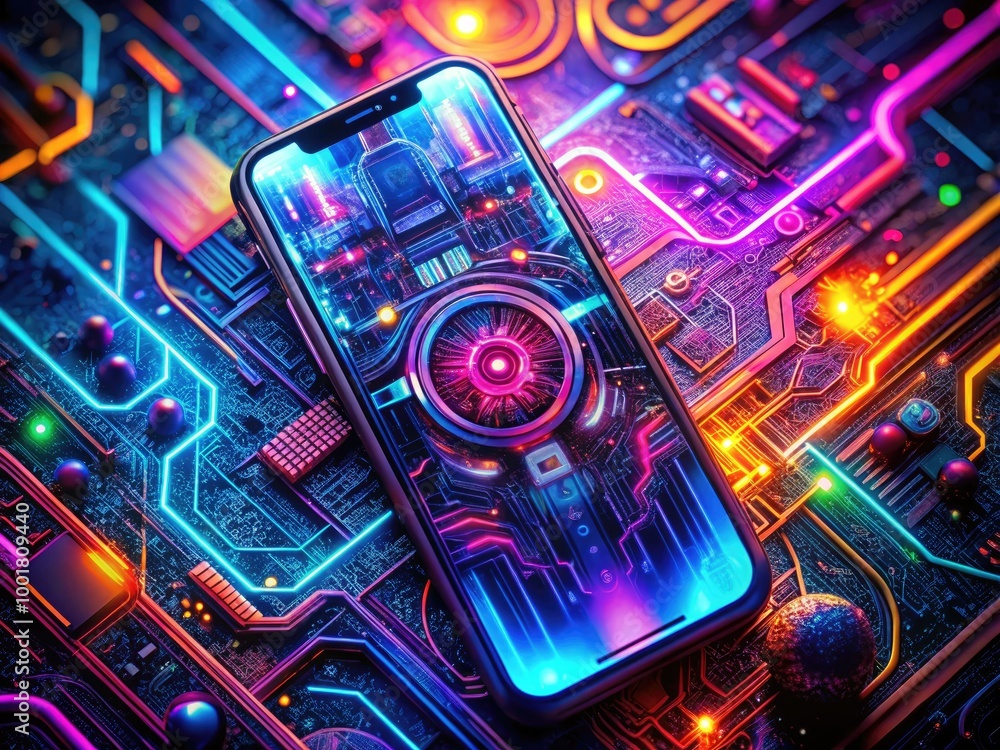 Poster futuristic cyberpunk circuitry phone background with neon lights and intricate patterns for technolo