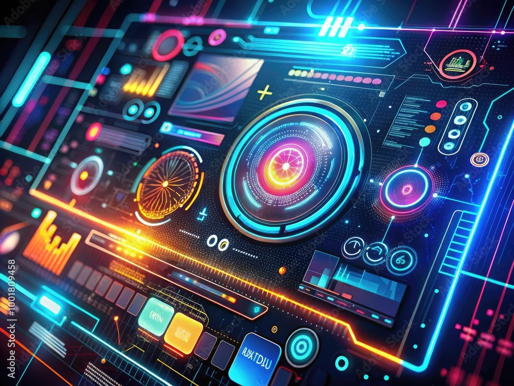 Poster futuristic digital interface with glowing text and abstract shapes on a dark background