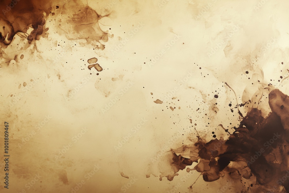 Poster artistic abstract background featuring spilled coffee stains and splashes on a textured surface in a