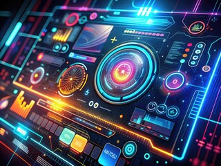 Fototapeta premium Futuristic digital interface with glowing text and abstract shapes on a dark background