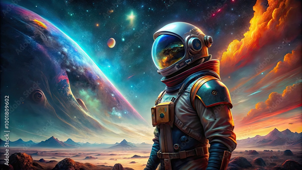 Aufkleber futuristic sci-fi spacesuit in an otherworldly landscape with stars and nebulae in the background