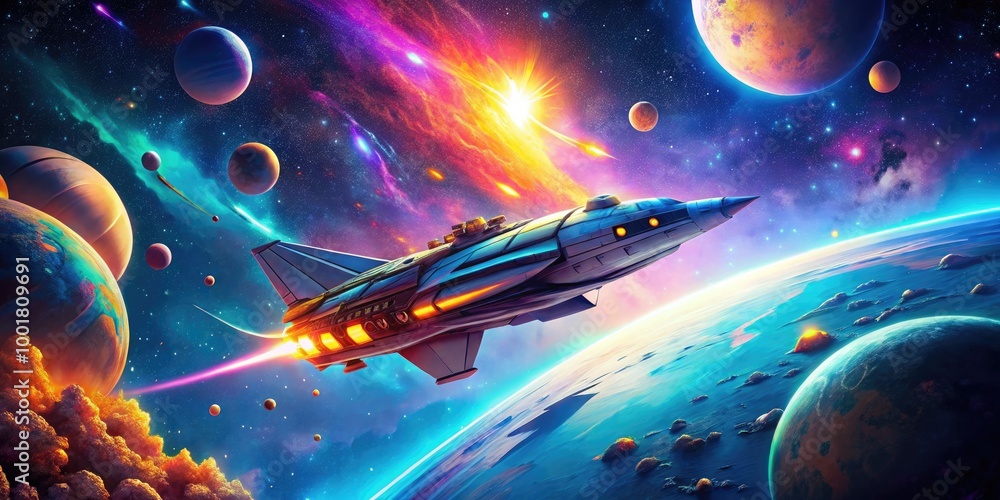 Poster futuristic spaceship background with starry sky and cosmic elements for sci-fi and space themes