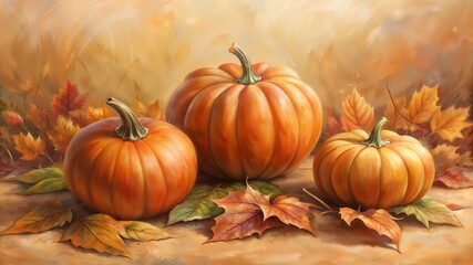 Pumpkins in Autumn: Illustration of a Group of Pumpkins Placed on the Ground Among Fallen Autumn Leaves. A Gentle Pastel Background to Highlight the Bright Colors of the Pumpkins