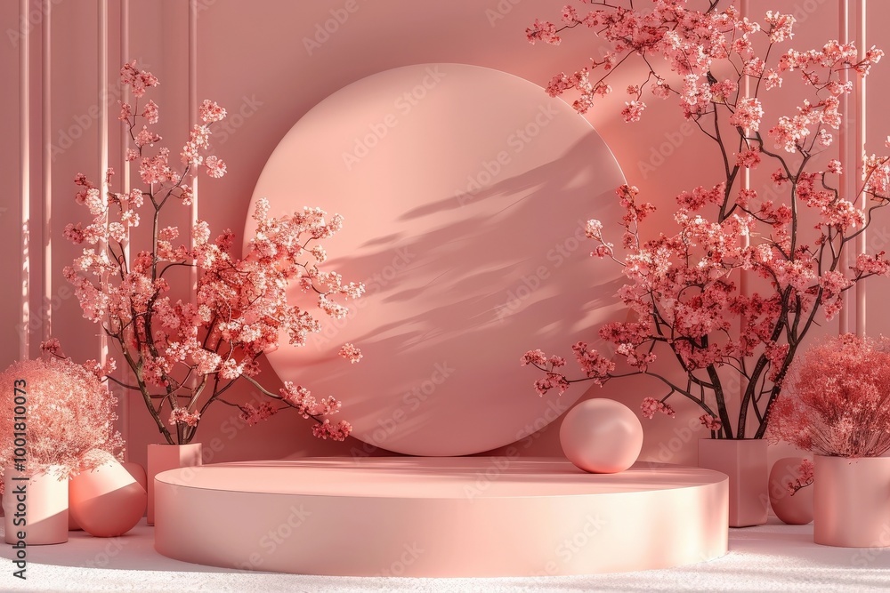 Poster Delicate pink floral arrangement with soft textures and abstract shapes creating a serene setting for relaxation or creativity. Generative AI