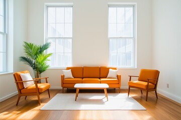 Fototapeta premium A bright, modern living room featuring orange furniture, large windows, a white rug, and a plant, showcasing a blend of style and comfort in a minimalist setting.