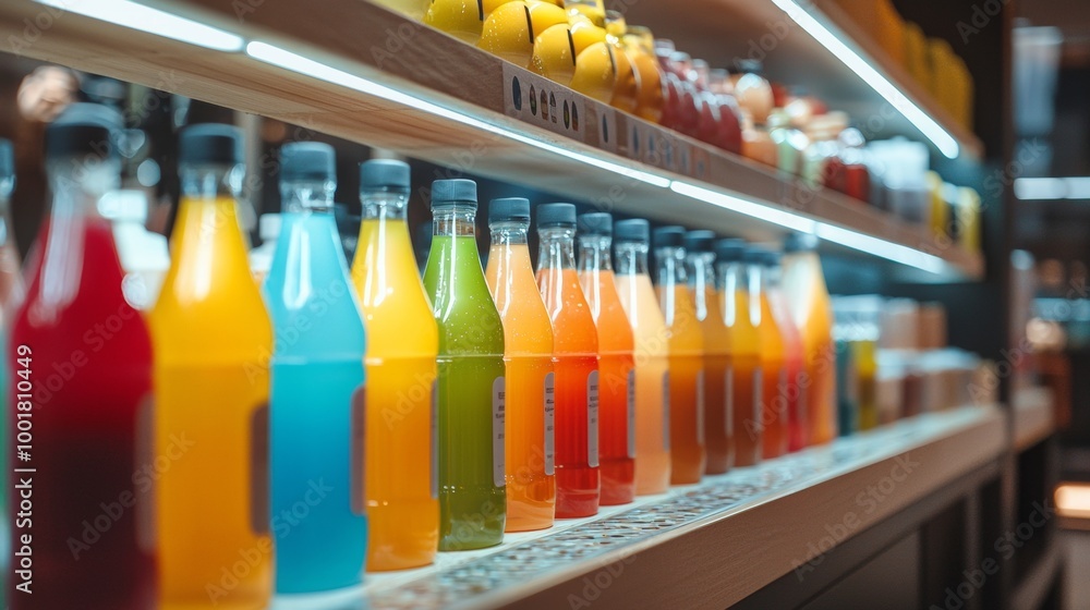 Poster assorted colorful drink bottles on a display shelf