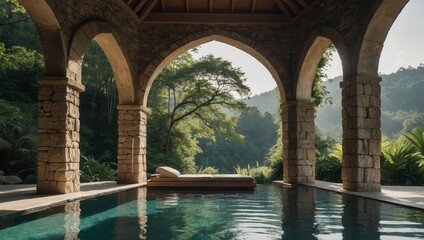 Stone archways surrounding a serene pool under clear skies in an outdoor resort setting