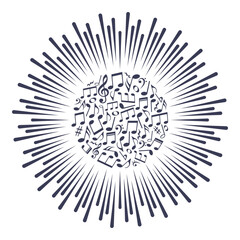 Radial sound wave with music notes, vector illustration.