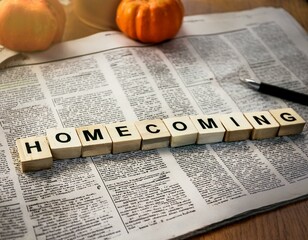 The word 'Homecoming' is written in letters on top of a newspaper