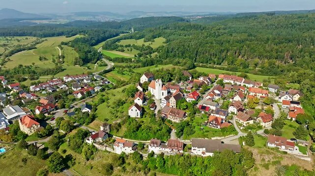 Aerial view of the old town centre of Aach im Hegau, district of Constance, Baden-W&uuml;rttemberg, Germany, Europe