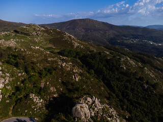 Aerial view of Vila Nova de Cerveira, Portugal. Miradouro do Cervo Viewpoint. Alto Minho, Viana do Castelo in Portugal. On one side of the river is Portugal, on the other is Spain