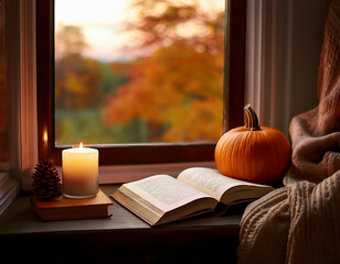 Pumpkin, book, blanket and candle on the windowsill with the autumn forest view from the window 