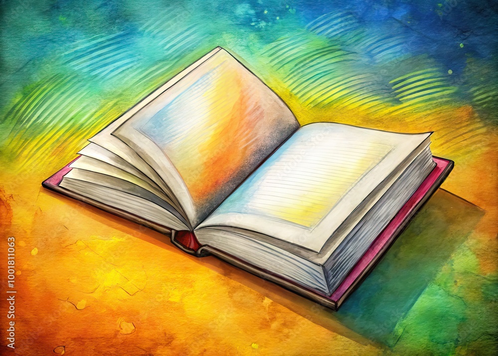 Poster hand-drawn illustration of an open book with blank pages on a textured background for creative proje