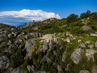 Aerial view of Vila Nova de Cerveira, Portugal. Miradouro do Cervo Viewpoint. Alto Minho, Viana do Castelo in Portugal. On one side of the river is Portugal, on the other is Spain