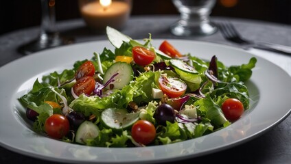 Plate of vibrant salad served on a dining table with colorful fresh ingredients